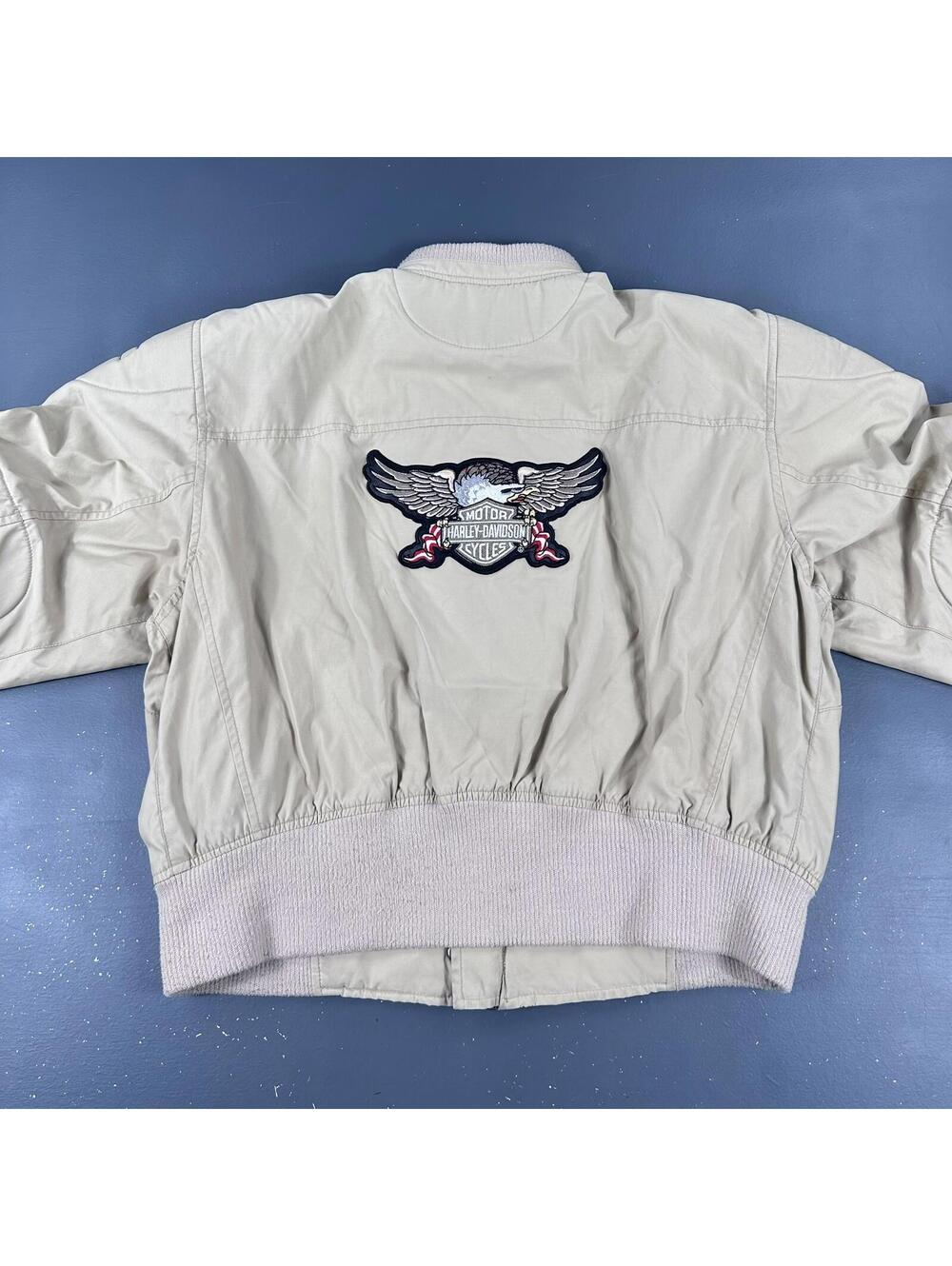 Harley Davidson Jacket Womens 2XL Beige Bomber Retro Padded Riding Flight EUC